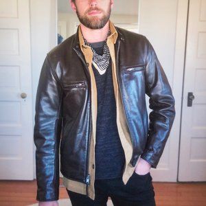 Leather Moto Jacket - Brown Band Collar